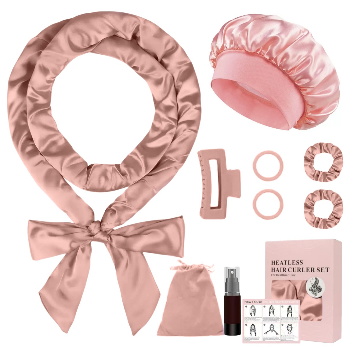 Set de 9 piezas de rizador rosa champán y gorro de ducha