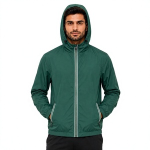 Veste coupe-vent à capuche pour homme, légère, sportive, zippée, vert uni, printemps - Product Image 1