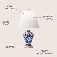 Lampe en céramique de style campagnard français de 24 pouces, motif floral, bleu marine et blanc, style chinoiserie, pot à gingembre, abat-jour en lin, doré