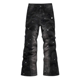 Jeans da <span class=keywords><strong>Uomo</strong></span> a Gamba Larga, Moda Invernale, Effetto Consumato con Ricamo a Diamante, Elasticizzati, Skinny, Strappati, a Zampa, Denim Lavato - Product Image 2