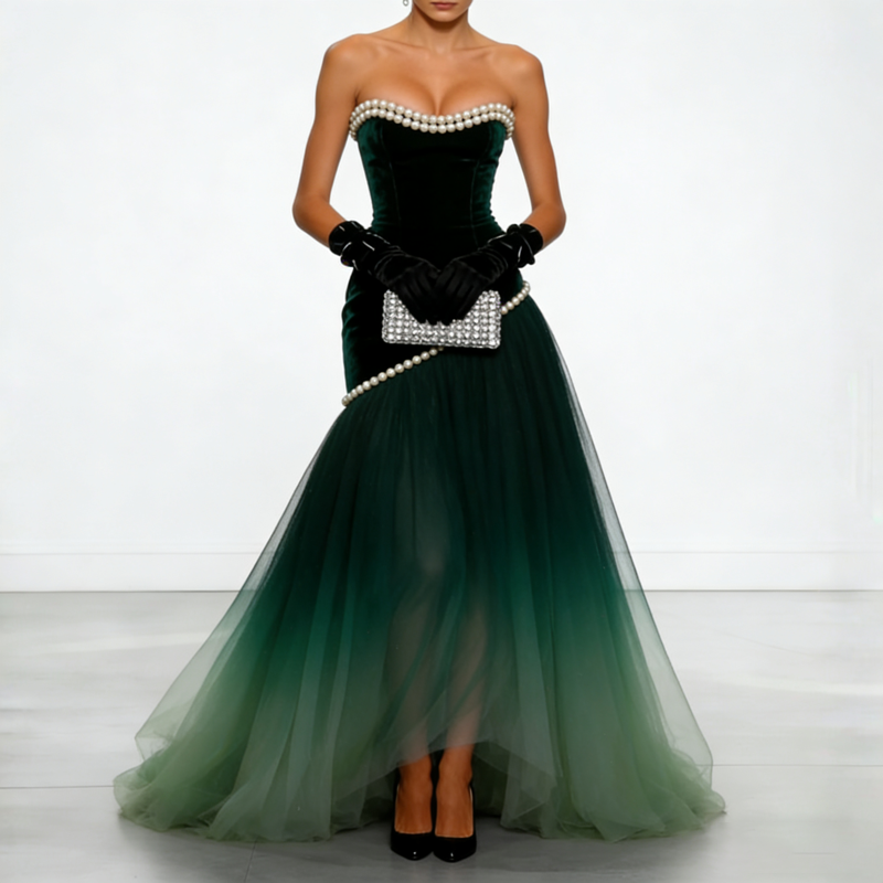 Women One Shoulder Lace Trim Velvet