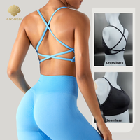 CNSHELL Soutien-gorge sexy sans couture à col rond et dos croisé, ajouré, pour le sport, le yoga et la gym, extensible dans quatre directions, coupe courte, maintien élevé, push-up, fermeture avant