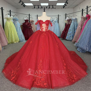 Vestido de Novia de Talla Grande con Apliques de Gasa y Cintura Natural, Modelo Dy20259-2, Color Rojo - Product Image 4