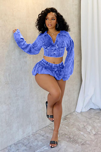 Set Rok 2 Potong Model Ribbed Terbaru Wanita, Atasan Rajut Kerah V dan Rok Bubble, Set Pakaian Dua Potong untuk Wanita - Product Image 6