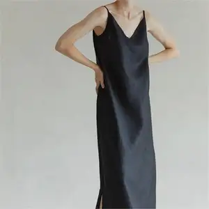 Dos nu sans manches solide col en V décontracté été droite robes simples personnalisé Maxi longue noir femme robe ample 100% pur lin