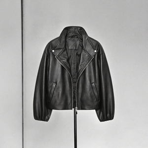 <b>Women's</b> Genuine <b>Leather</b> Printed Knitted Breathable <b>Moto</b> <b>Jacket</b> Full Sleeve Stand Collar Zipper Closure Regular Length Autumn - Product Image 2