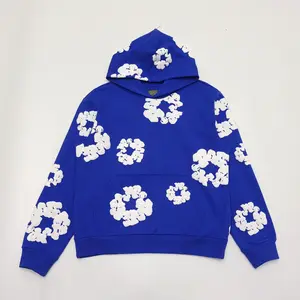 Top quality 420gsm denim puff print hoodies sweatshirt men's set tracksuits clothing streetwear heavyweight Royal Blue hoodie