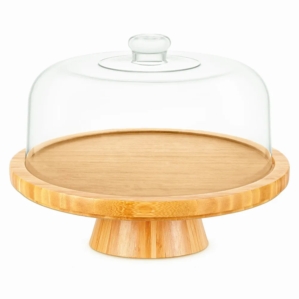 Tùy Chỉnh 6-Trong-1 Đa Chức Năng Tre Bánh Đứng Với Rõ Ràng Acrylic Dome Bìa Bằng Gỗ Bánh Chủ, Đứng Phục Vụ Platter