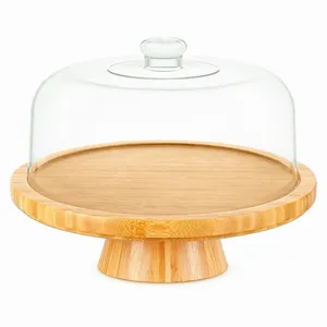 Kunden spezifischer 6-in-1-Multifunktions-Bambus-Kuchenständer mit klarer Acryl-Kuppel abdeckung Holz kuchen halter, Ständer-Servier platte