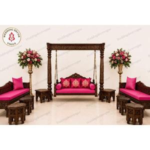 Traditional Hand Carved <b>Wooden</b> Floor Standing <b>Swing</b> Jhula with Ornate Indian Woodwork for Home Living Room Balcony Courtyard - Product Image 2