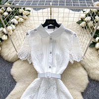 Robe élégante pour femme, rose, en dentelle, patchwork, col Peter Pan, manches courtes, coupe trapèze, décontractée, avec ceinture, pour tous les jours et les soirées