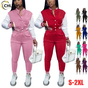 Femmes tricoté deux pièces ensemble à manches longues Colorblock Bomber veste à la mode recadrée survêtements Baseball uniforme