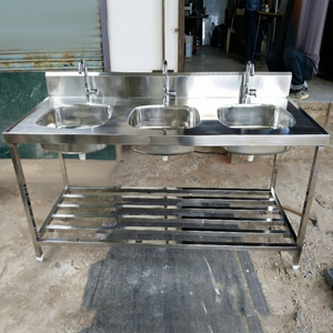 Stainless Steel Three Bowl Freestanding <b>Sink</b> <b>Unit</b> with Polished Finish and Lower Shelf for Commercial <b>Kitchen</b> Use - Product Image 1