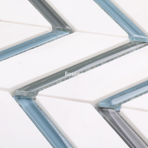 Mosaïque de carreaux en marbre <span class=keywords><strong>bleu</strong></span> gris, blanc, <span class=keywords><strong>chevron</strong></span>, en forme d'épi de poisson pour la décoration murale intérieure - Product Image 5