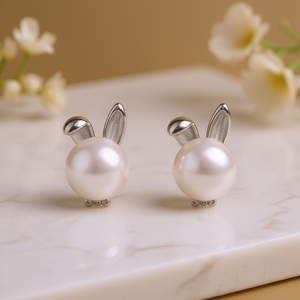 Orecchini a perno E1095 a forma di coniglietto in argento 925 con perla coltivata bianca AAA rotonda, montatura a castone, da donna, graziosi per l'uso quotidiano - Product Image 2
