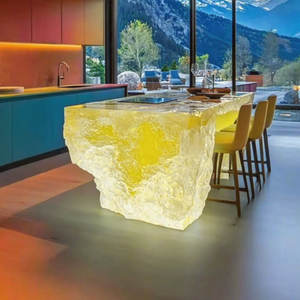 R039 Elegante Bancone Reception <span class=keywords><strong>in</strong></span> <span class=keywords><strong>Resina</strong></span> Epossidica con Luci LED, Tavolo da Caffè Trasparente con Linee Ondulate, Isola Bar Luminosa - Product Image 6