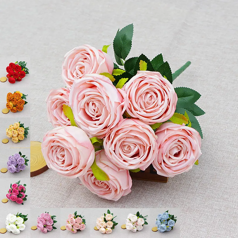Cheap Price 9 Heads Imperial Concubine Rose Artificial Flowers Bridal Bouquet Home Wedding Decoration Artificial Flowers