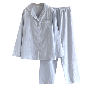 SUHE PJ-043 Women's Pure Cotton Woven Gauze Floral V-neck Drawstring Pajamas Long Sleeve Thin Two Piece Set Home Loungewear - Product Image 5