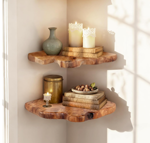 Ensemble de 2 <span class=keywords><strong>étagère</strong></span>s murales flottantes en <span class=keywords><strong>bois</strong></span> d'angle modernes pour chambre à coucher, salon, salle de bain, <span class=keywords><strong>cuisine</strong></span> - Product Image 1