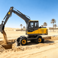 Excavatrice sur roues mobile de 6 tonnes et 7 tonnes équipée d'une lame de bulldozer pour les travaux de réparation routière et d'excavation de matériaux