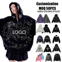 Sudadera con capucha de invierno personalizada para hombre, de algodón, con pedrería, hombros caídos, cremallera, peso pesado, bordado de parches, cortavientos, ecológica