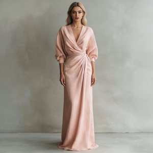 Robes <span class=keywords><strong>pour</strong></span> femmes, rose clair, col en V profond, manches bouffantes, satin plissé torsadé, élégante, formelle, longue - Product Image 1