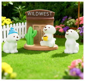 Vente en gros de figurines de dessins animés mini jouets pour enfants sculpture d'animaux art résine sable été <span class=keywords><strong>chien</strong></span> endormi <span class=keywords><strong>livre</strong></span> de lecture planche de surf chaise à bière - Product Image 6