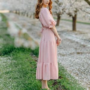 เดรสยาวลำลองน่ารักสไตล์ชายหาด แขนพอง คอเหลี่ยม ทรงเอไลน์ ผ้าพลิ้ว แต่งสม็อค ขายส่งแบบใหม่ - Product Image 3