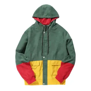 king young men green yellow red contrast Color Block Patchwork two hand pockets Corduroy Hooded Jacket winter jackets