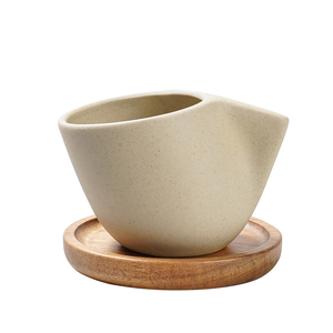 Tasse à café en grès avec soucoupe en bois d'acacia 190 ml, finition mate éclaboussée, poignée sculptée, pour cappuccino, latte, cadeau idéal pour café - Product Image 5