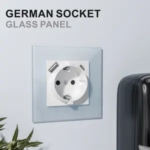 Soket colokan kaca Schuko Jerman Schuko, emas putih hitam abu-abu, soket dinding Jerman tipe 2P + E EU dengan Outlet USB A USB C