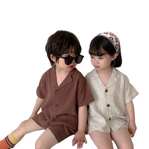 Ensemble d'été pour garçons en lin à manches courtes, couleur unie marron <span class=keywords><strong>beige</strong></span>, chemise et <span class=keywords><strong>short</strong></span> en lin, vente en gros Linda - Product Image 1