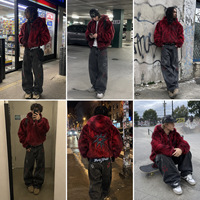 Veste Courte Homme Personnalisée à Capuche en Fausse Fourrure Rouge, Coupe Oversize, Style Streetwear Y2K Cyber Grunge, Hiver Thermique Épaisse, Vente Directe Usine