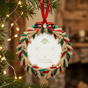 Metal <b>Christmas</b> Wreath Ornament 2.5x2.5 In Red Green Gold Classic Style Indoor Decor Handcrafted Round Design - Product Image 4
