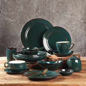 Vente en gros <span class=keywords><strong>de</strong></span> vaisselle verte glaçure réactive, service en grès, assiette à rebord, plat soufflé, tasse et soucoupe, assiette creuse, service <span class=keywords><strong>de</strong></span> table - Product Image 1