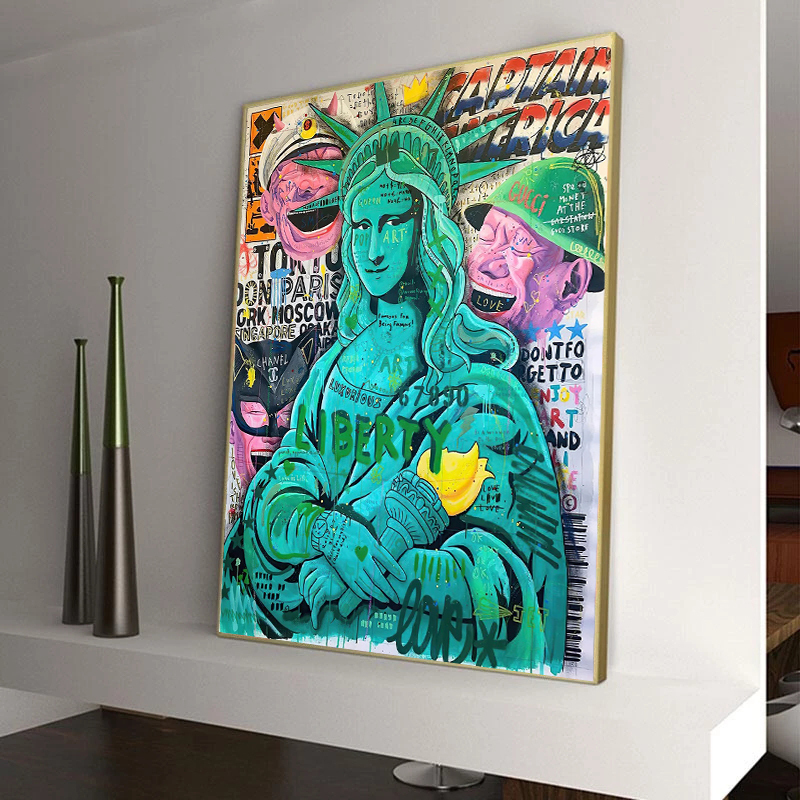 ヌードアート キャンバスプリント 複製画 額装 絵画風 未使用 315×280 笑う岳敏君と自由の女神モナリザ落書きキャンバスプリント絵画ポスター