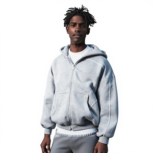 Sweat-shirt en molleton gris à capuche et fermeture éclair pour homme, coupe classique, couleur unie, vêtement décontracté, saison automne, 100% coton, matière tricotée - Product Image 2