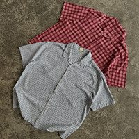 Camisa Vintage Personalizada para Hombre, Cuello Camp Collar, Diseño a Cuadros Rojos, Holgada, Transpirable, Anti-UV, Manga Corta, con Botones, Estilo Casual