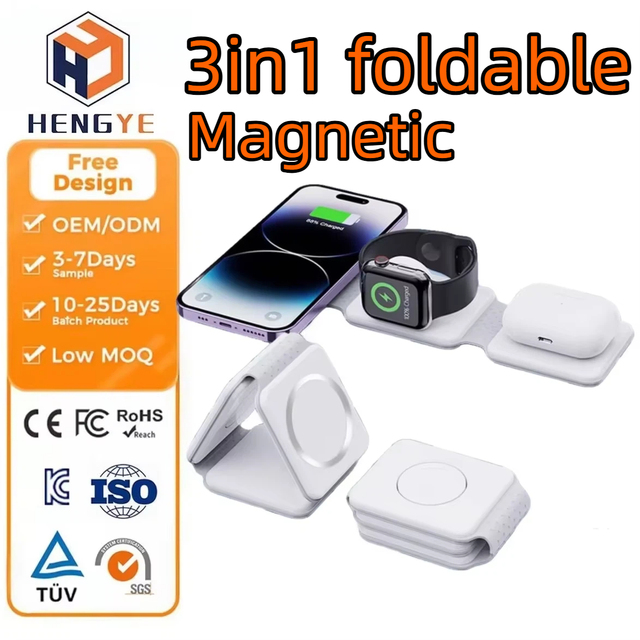 Custom 15W 9V 12V Wireless Phone Charger Station Pad Fast Charging Strong Magnetic 3 in 1 Foldable Wireless Charger