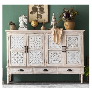 Buffet en bois de style campagnard personnalisé, meubles de maison, blanc délavé, grand buffet à 3 tiroirs, bois massif, 4 portes, salon, entrée, grande capacité - Product Image 1