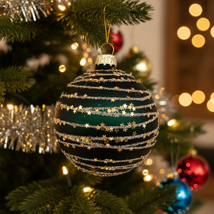 Boules de Noël en verre vert profond de 8 cm avec paillettes et motifs peints, forme ronde, à suspendre, <span class=keywords><strong>Bola</strong></span> de Navidad - Product Image 2