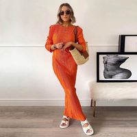 Robe longue plissée décontractée pour femme, collection printemps, style basique, manches longues, pour soirée, couleur orange, idéale pour le dropshipping