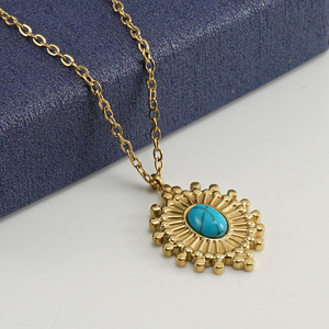 Vintage 18K chapado en oro de acero inoxidable bohemio azul turquesa personalizado textura colgante collar para mujer joyería de moda - Product Image 2