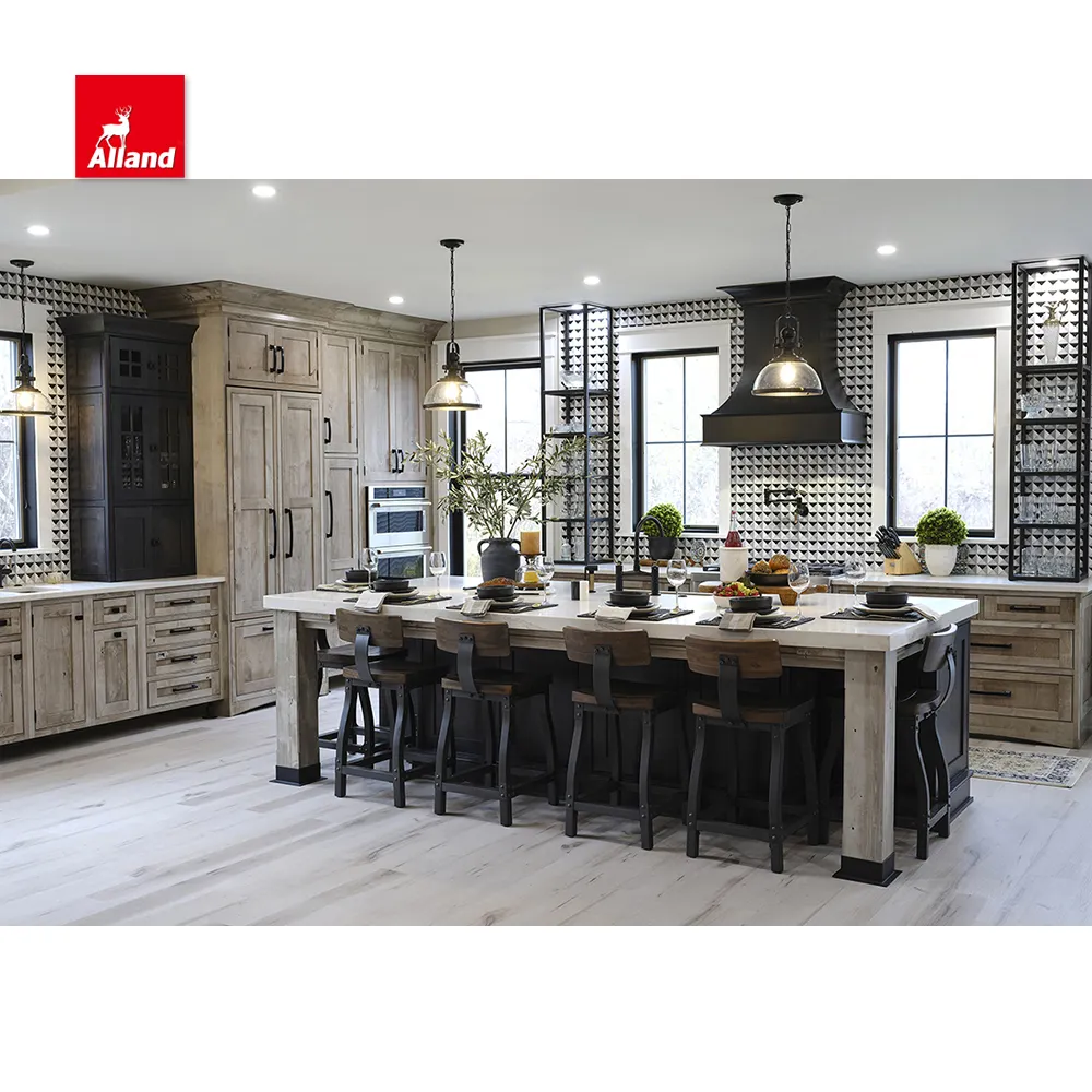AllandCabinet kundenspezifischer luxuriöser Ahornholz-L-förmiger Shaker-Panel-Küchenschrank-Design mit Insel und ausreichendem Ablageschrank