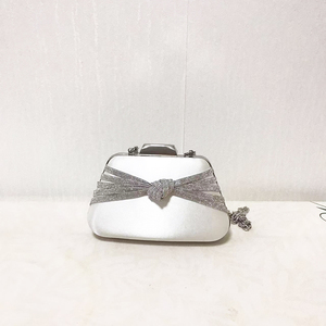 Low MOQ Silver Satin Clutch With Sparkling Beaded Bow Chain Strap Evening Party Bag exture Chain Crossbody Shoulder Bag - Product Image 1