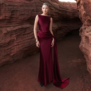 Robe <span class=keywords><strong>de</strong></span> soirée <span class=keywords><strong>de</strong></span> luxe en satin bordeaux dos nu pour femme, robe <span class=keywords><strong>de</strong></span> soirée drapée longue plissée avec empiècements, couleur rouge <span class=keywords><strong>vin</strong></span> naturel et sexy - Product Image 6