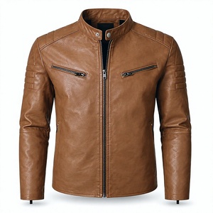 Unisex Tan PU Leather Moto <b>Jacket</b> with Stand Collar Dual Zip Pockets <b>Quilted</b> Shoulder Detail Quick Dry & Breathable - Product Image 1