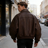 Veste en cuir PU marron vintage pour hommes, grande taille, blouson boxy oversize réversible respirant, manteau décontracté à manches longues avec fermeture éclair complète