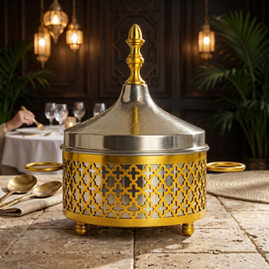Plat à chafing marocain en or et acier inoxydable avec support ajouré orné et couvercle dôme, chauffe-plats pour buffet, restauration, restaurant, hôtel - Product Image 1