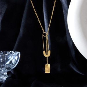 Gold Zinc Alloy Safety Pin Necklace With Square Tag Pendant Minimalist Design For Gift Fashion Jewelry - Product Image 3